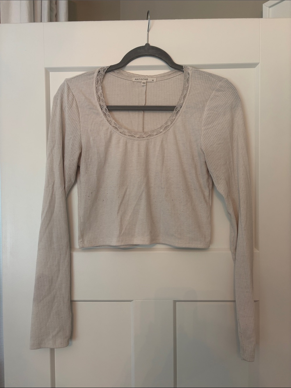 Antistar Long-Sleeve Scoop Neck Ribbed Top in Light Beige